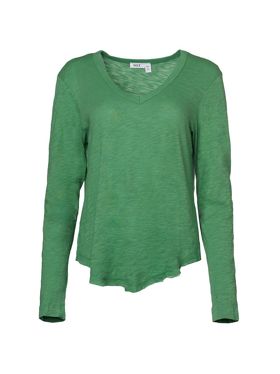 Womens Long Sleeve V-Neck Raw Hem Shirttail Product Image