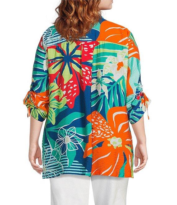 John Mark Plus Size Printed Wire Collar 3/4 Cinch Tie Sleeve Button Front Tunic Product Image