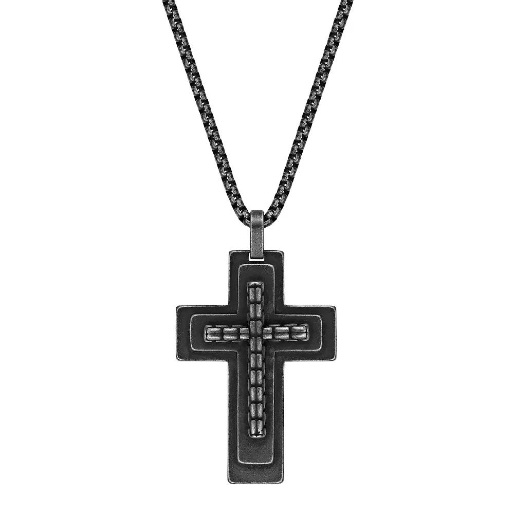 Men's LYNX Antiqued Black Ion Plated Stainless Steel Layered Cross Pendant Necklace,  Product Image