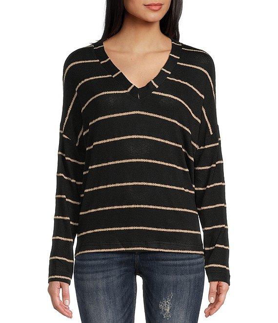Blu Pepper Stripe V-Neck Drop Shoulder Long Sleeve Knit Top Product Image