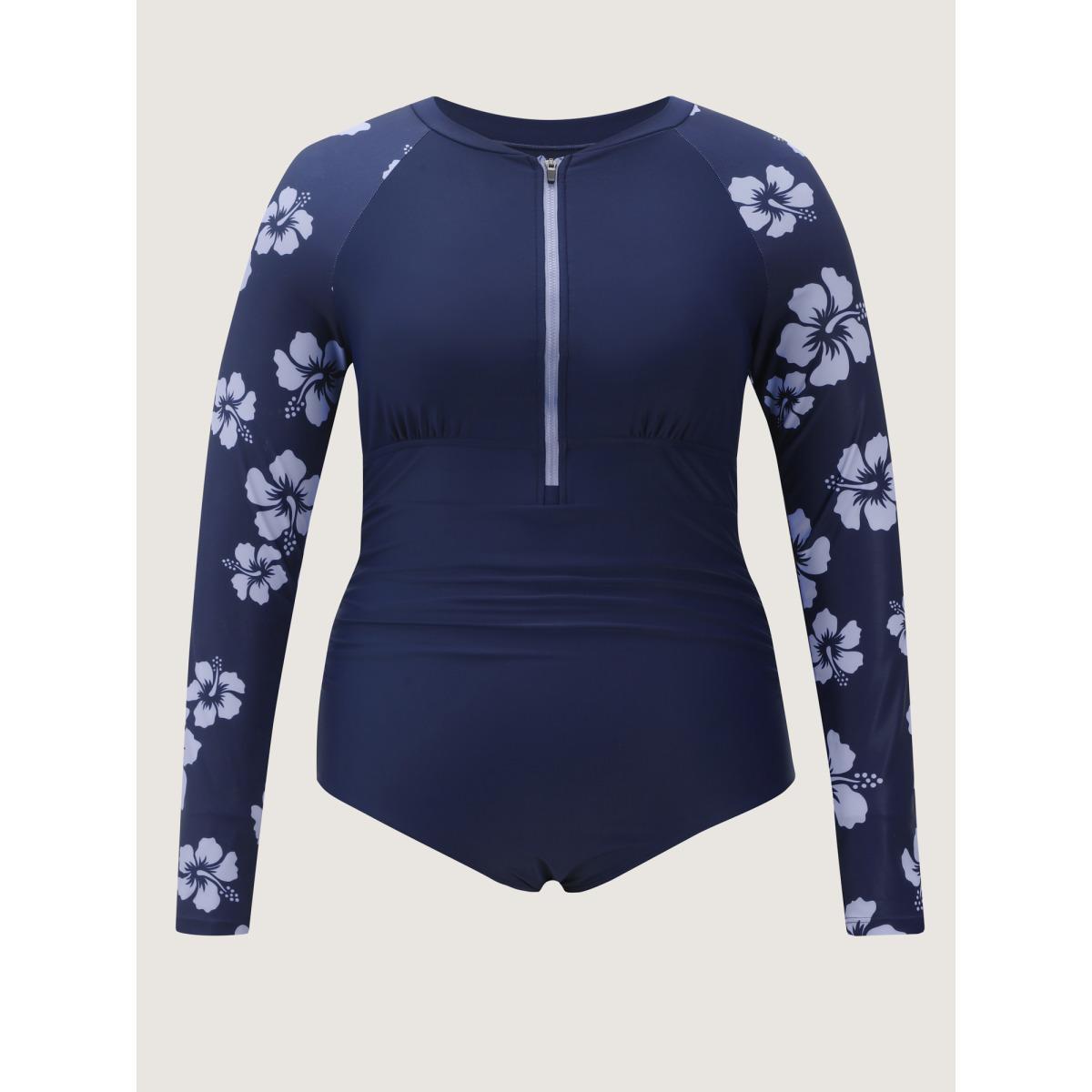Plus Size Floral Zipper Color Contrast One Piece Swimsuit Women's Swimwear Midnight Resort Contrast Curve Bathing Suits High stretch One Pieces BloomChic 28/5X Product Image