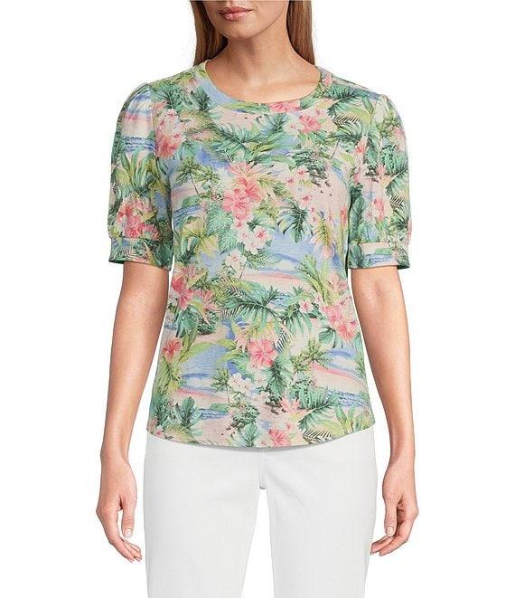 Tommy Bahama Ashby Isles Ocean Vida Tropical Printed Slub Rib V-Neck Short Puff Sleeve Top Product Image