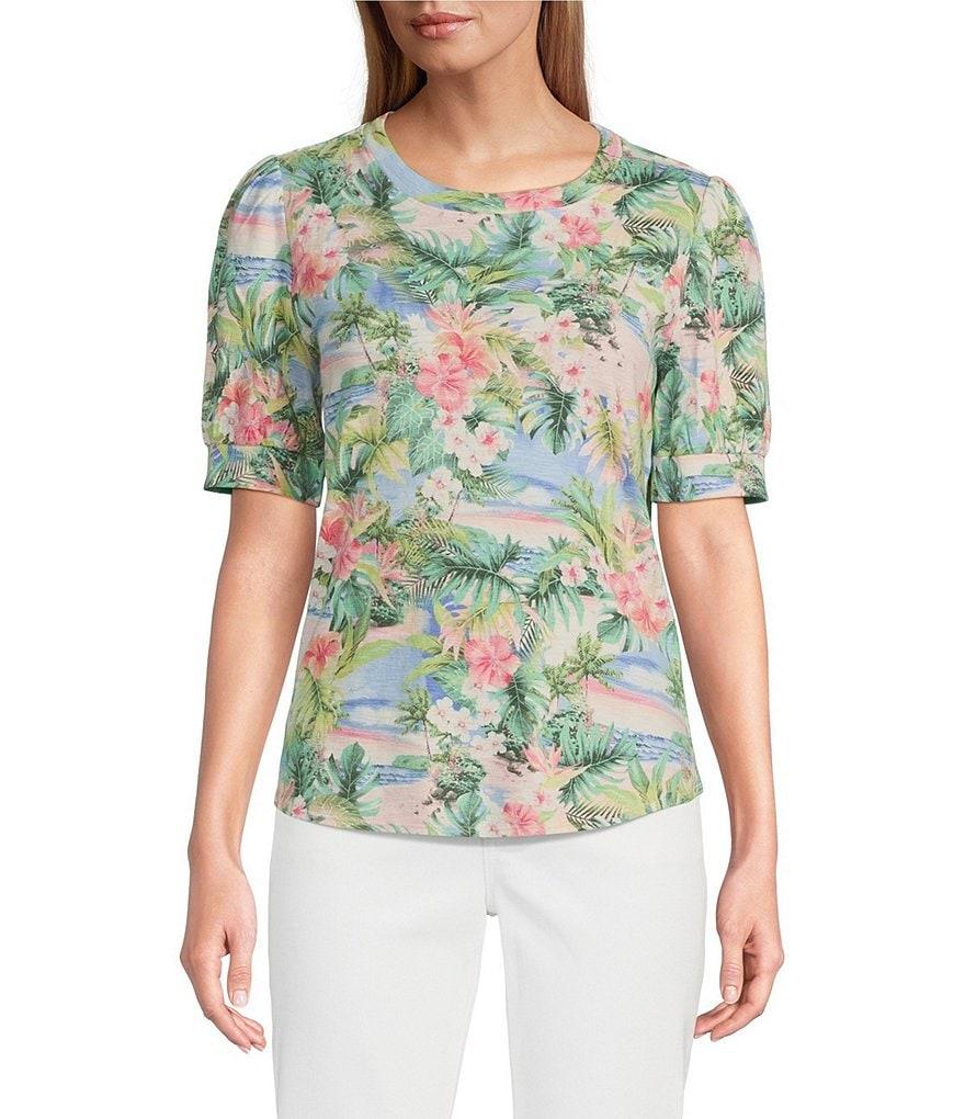 Tommy Bahama Ashby Isles Ocean Vida Tropical Printed Slub Rib V-Neck Short Puff Sleeve Top Product Image