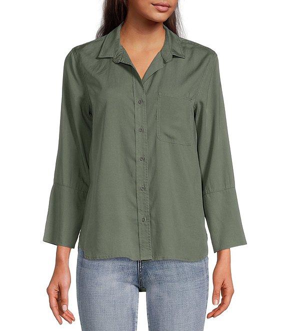 Chelsea & Violet Tencel Point Collar 3/4 Sleeve Shirttail Hem Button Front Patch Pocket Shirt Product Image
