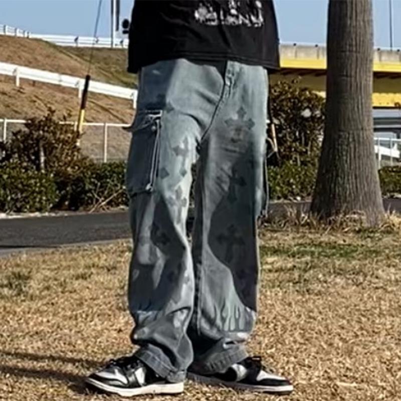 Sopula Men's Vintage Wash Cross Cargo Boyfriend Street Jeans Product Image