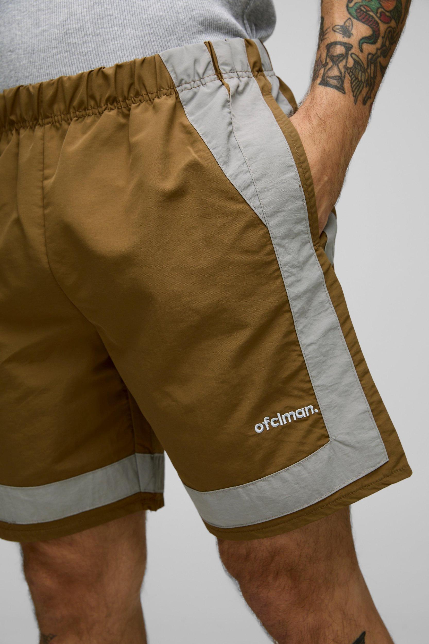 Elasticated Waist Relaxed Crinkle Nylon Colour Block Shorts | boohooMAN USA Product Image
