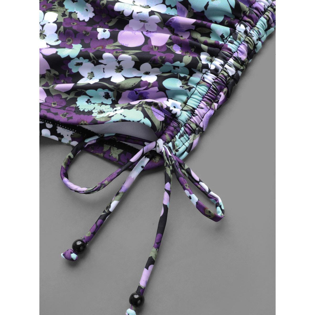 Plus Size Floral Print Stretchy Drawstring Swim Bottoms Women's Swimwear Eggplant Resort Drawstring High stretch Skinny High Rise Curve Swim Bottoms BloomChic 12/L Product Image