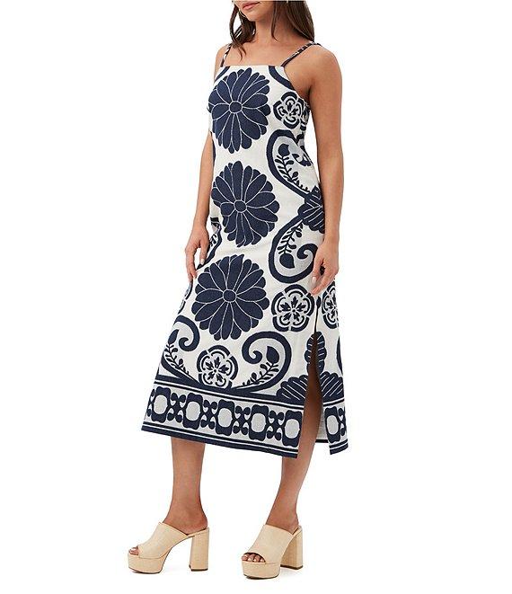 Trina Turk Marita Fil Coupe Placement Print Square Neck Sleeveless Midi Dress Product Image