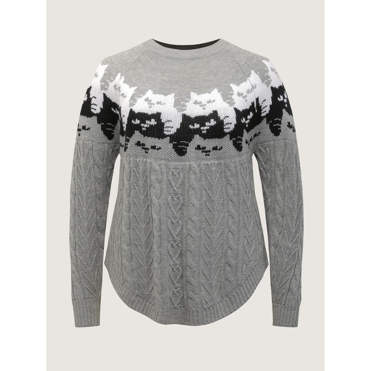 Plus Size Color Block Cat Pattern Arc Hem Pullover DarkGray Women Leisure Loose Long Sleeve Round Neck Casual Pullovers BloomChic 18-20/2X Product Image
