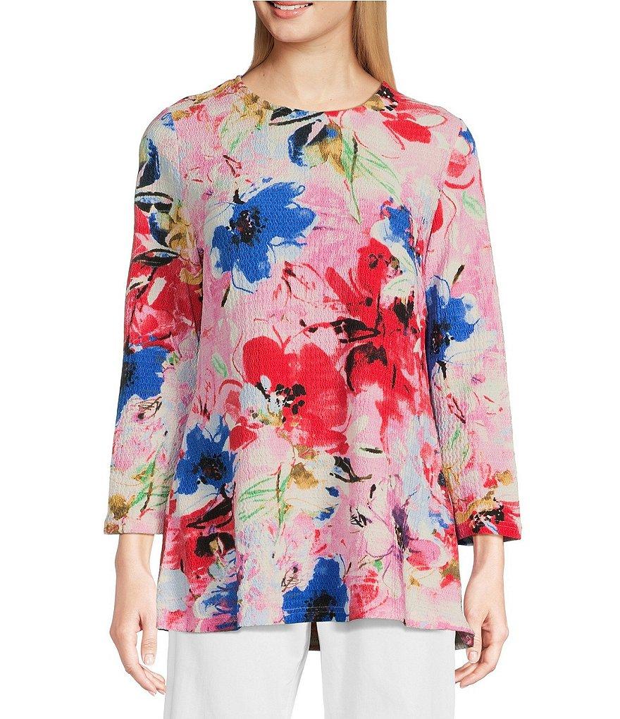 Calessa Petite Size Stretch Knit Floral Crew Neck Bracelet Sleeve Tunic Product Image