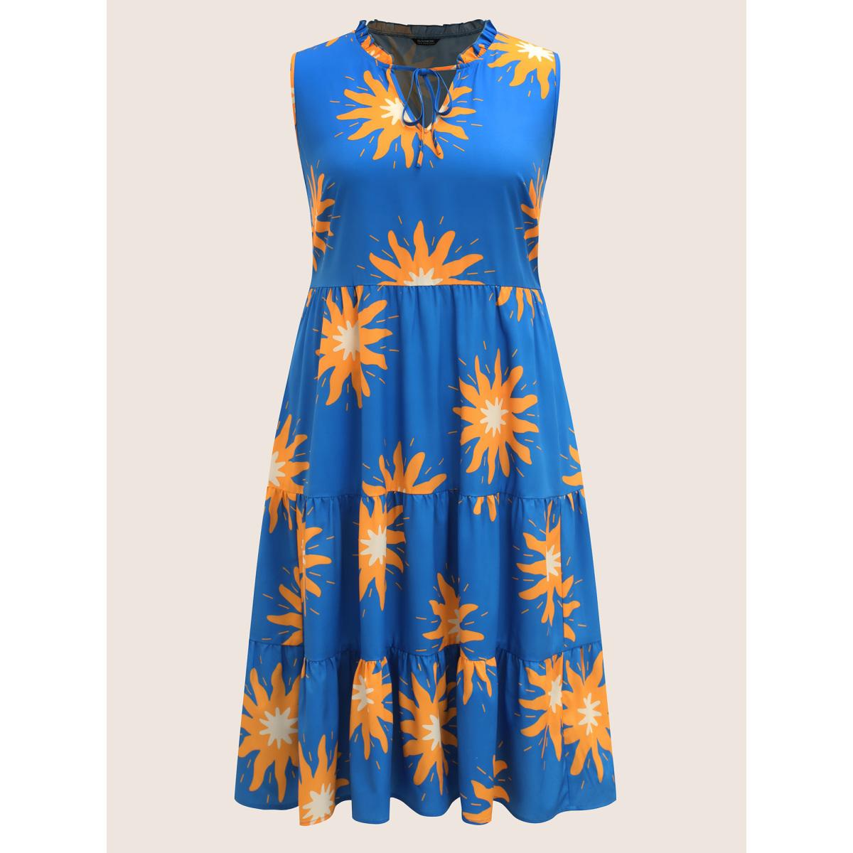 Plus Size Sun Print Tie Knot Ruffle Layered Hem Dress Skyblue Women Elegant Cross straps Round Neck Sleeveless Curvy BloomChic 18-20/2X Product Image