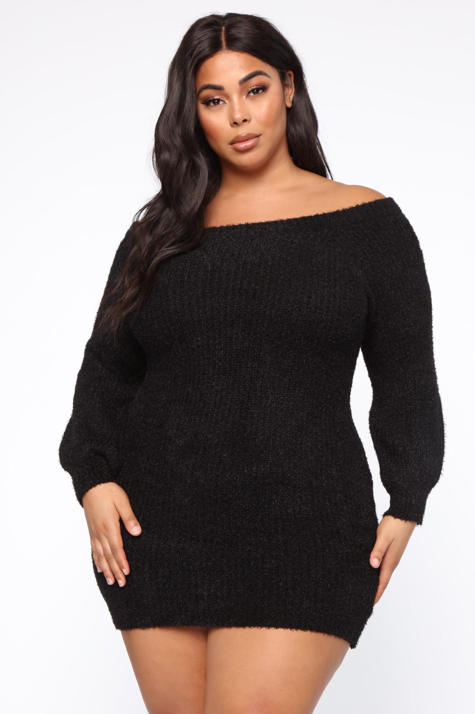 Bella Off Shoulder Sweater Dress - Black Product Image