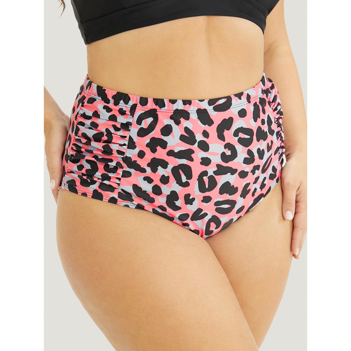 Plus Size Leopard Print Ruched Detail Bikini Bottom Women's Swimwear OrangeRed Vacation Gathered High stretch Skinny High Rise Curve Swim Bottoms BloomChic 22-24/3X Product Image