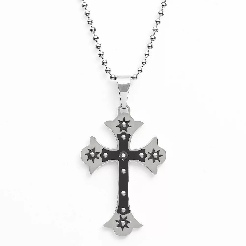 Stainless Steel and Black Immersion-Plated Stainless Steel Cubic Zirconia Cross Pendant - Men, Men's, Size: 24", Grey Product Image