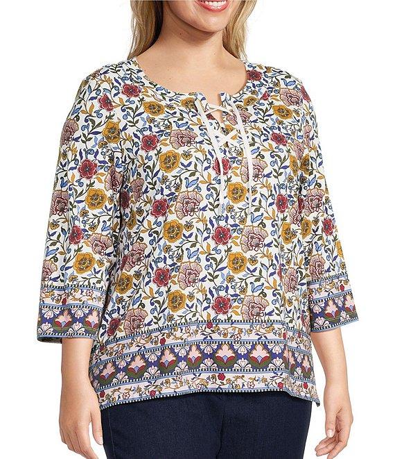 Allison Daley Plus Vintage Bloom Border Print 3/4 Ruched Sleeve Tie Neck Knit Top Product Image