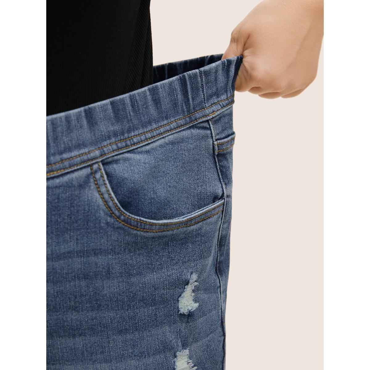 Plus Size Dark Wash Elastic Waist Distressed Slit Hem Jeans Women Denimblue Casual Distressed High stretch Slanted pocket Jeans BloomChic 18/2X Product Image