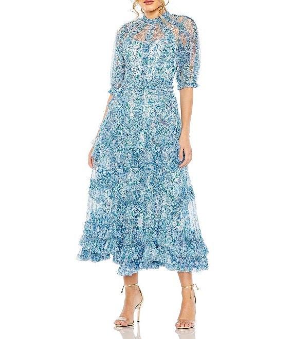 Mac Duggal Floral Print Chiffon Short Puffed Sleeve High Neck Midi Dress Product Image