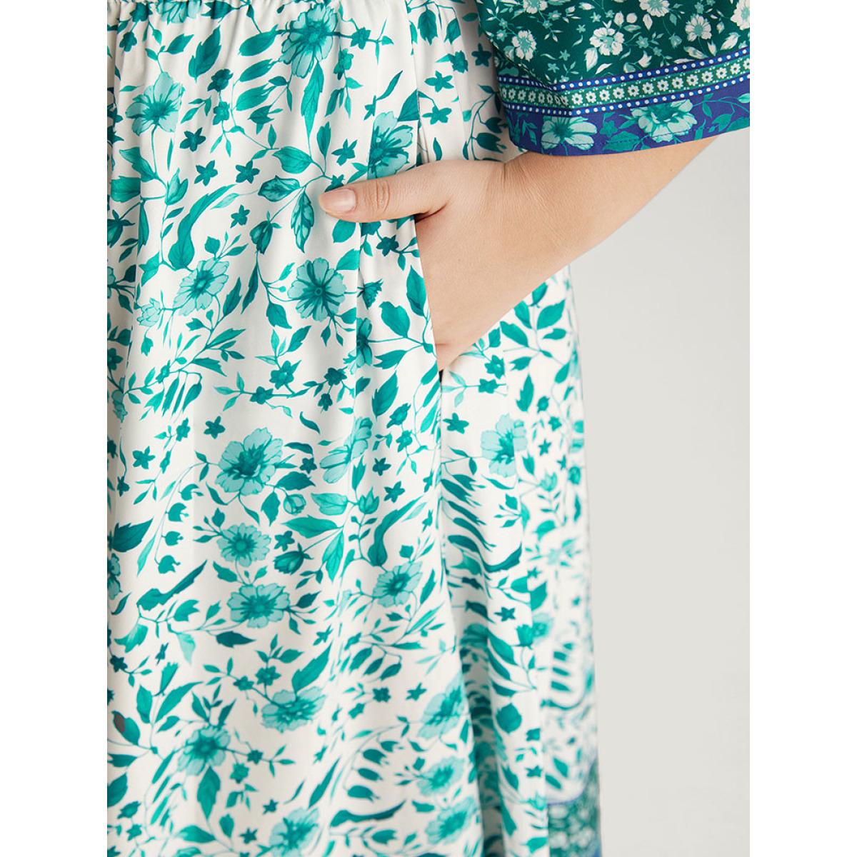 Plus Size Floral Print Patchwork Square Neck Raglan Sleeve Dress Emerald Women Vacation Gathered Square Neck Half Sleeve Curvy Midi Dress BloomChic 30/6X Product Image