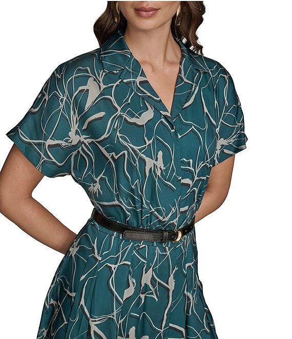Donna Karan Point Collar Short Sleeve Belted Button Front Midi Shirt Dress Product Image