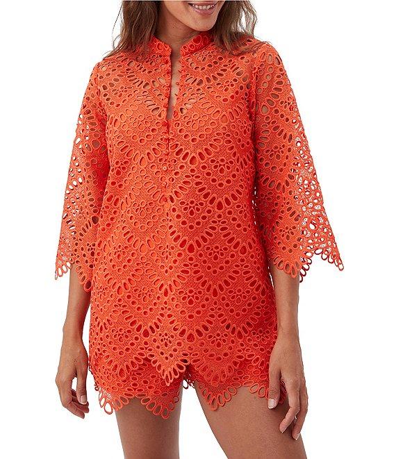 Trina Turk Martigues Lernis Lace Button Mandarin Collar 3/4 Bell Sleeve Top Product Image