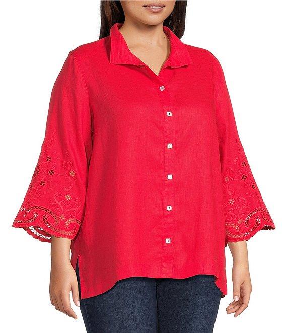 John Mark Plus Size Linen Wire Collar 3/4 Embroidered Eyelet Scallop Sleeve Button Front Shirt Product Image