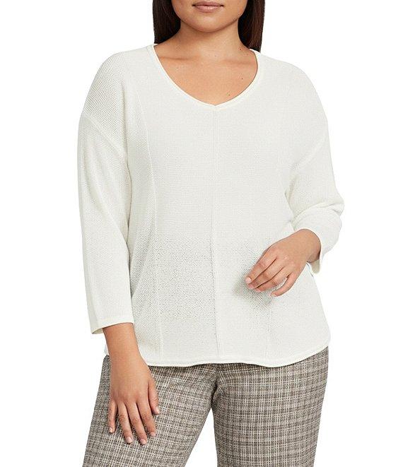 Investments Plus Size Textured 3/4 Sleeve V-Neck Sweater Product Image
