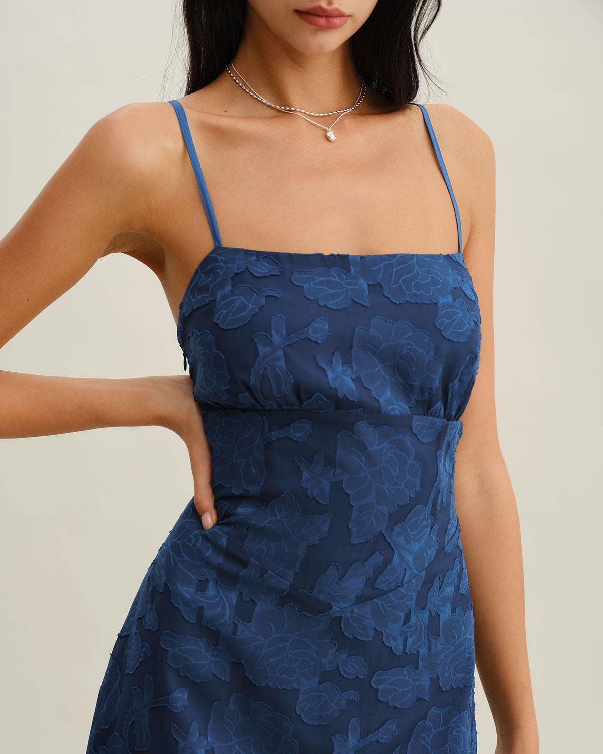 Navy Jacquard Slip Backless Maxi Dress Product Image