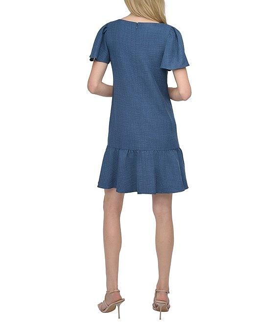 DKNY by Donna Karan Woven Crew Neck Short Sleeve Flutter Hem Shift Mini Dress Product Image