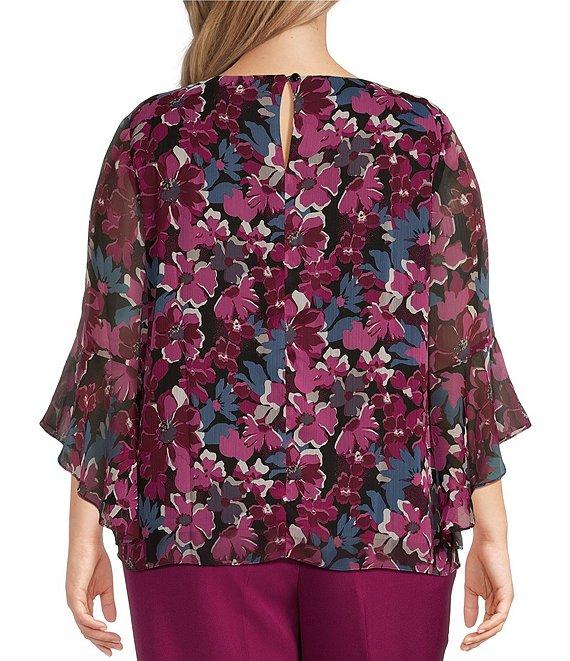 Kasper Plus Size Floral Crew Neck 3/4 Ruffle Sleeve Blouse Product Image