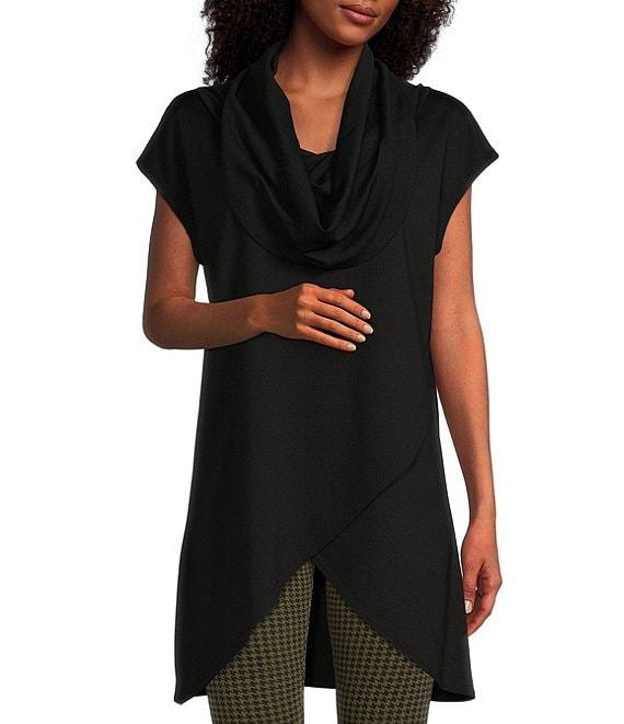 Bryn Walker Lavinia Stretch Jersey Modal Ponte Cowl Neck Short Sleeve Crossover High-Low Hem Tunic Product Image