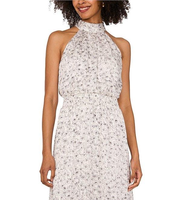 Vince Camuto Woven Floral Print Halter Sleeveless Smocked Waist Blouson Maxi Dress Product Image