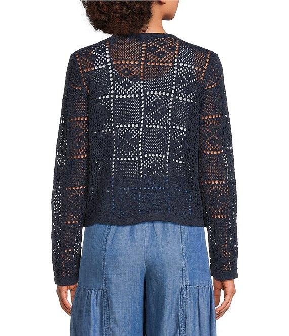 Current Air Pointelle Knit Round Neck Long Sleeve Button Front Cardigan Product Image