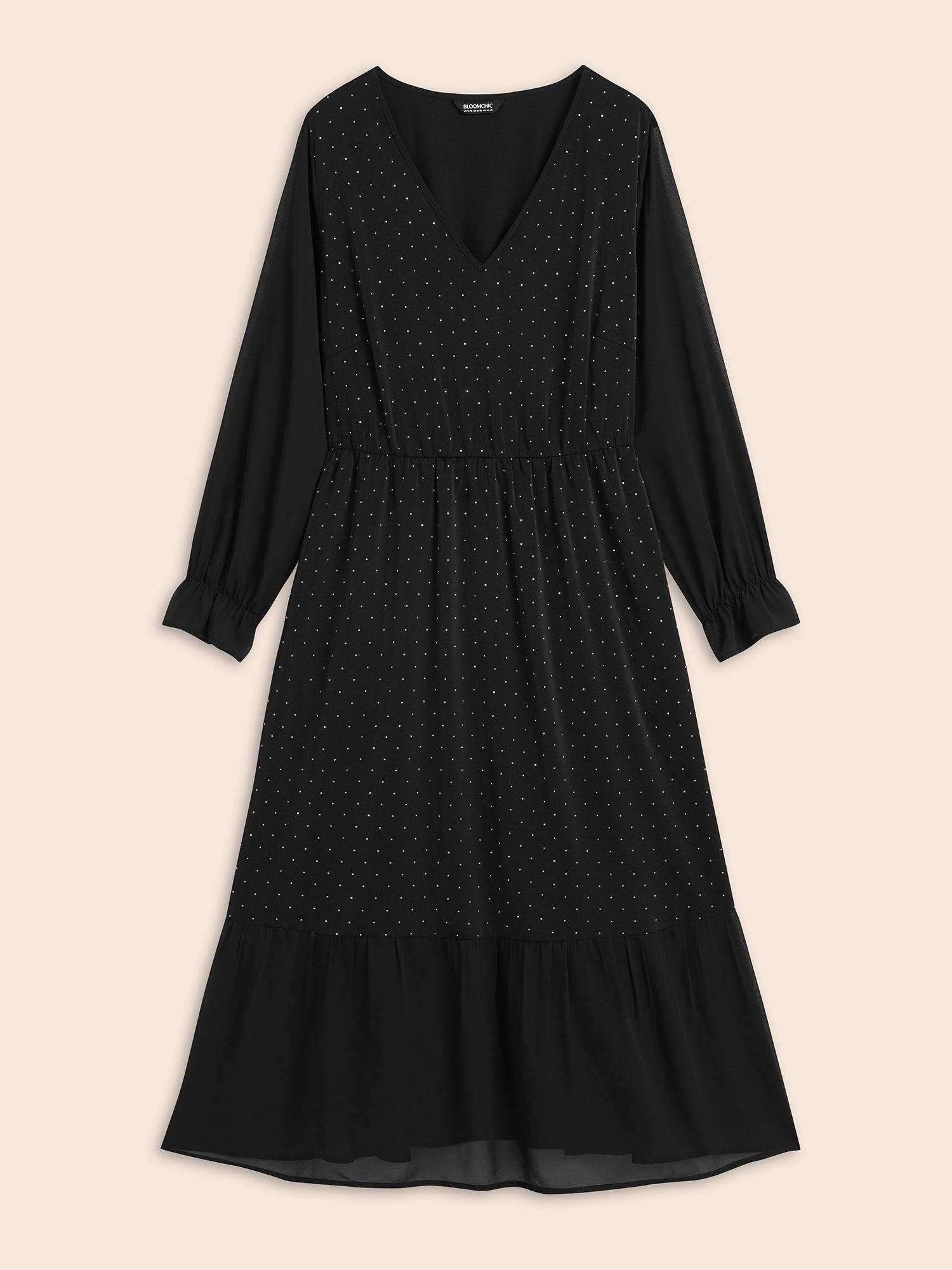 V Neck Rhinestone Patchwork Ruffles Dress Female Product Image