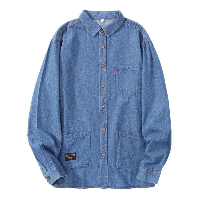 Long Sleeve Collared Washed Denim Shirt Product Image