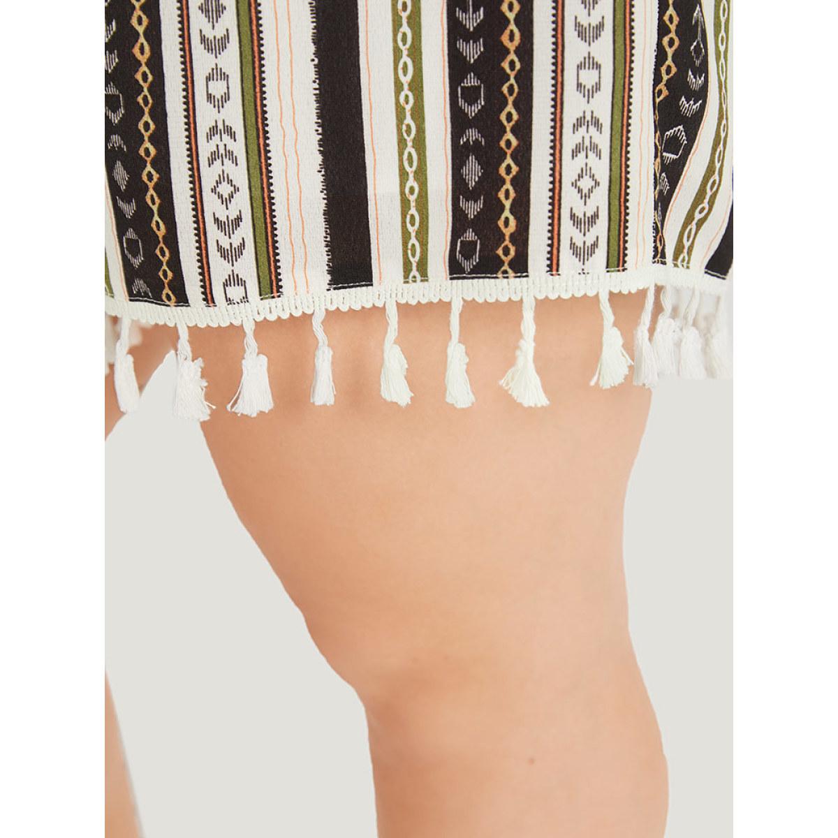 Plus Size Multicolor Boho Print Shirred Cut Out Tassel Trim Romper Women Elegant Short sleeve V-neck Dailywear Loose Jumpsuits BloomChic 30/6X Product Image