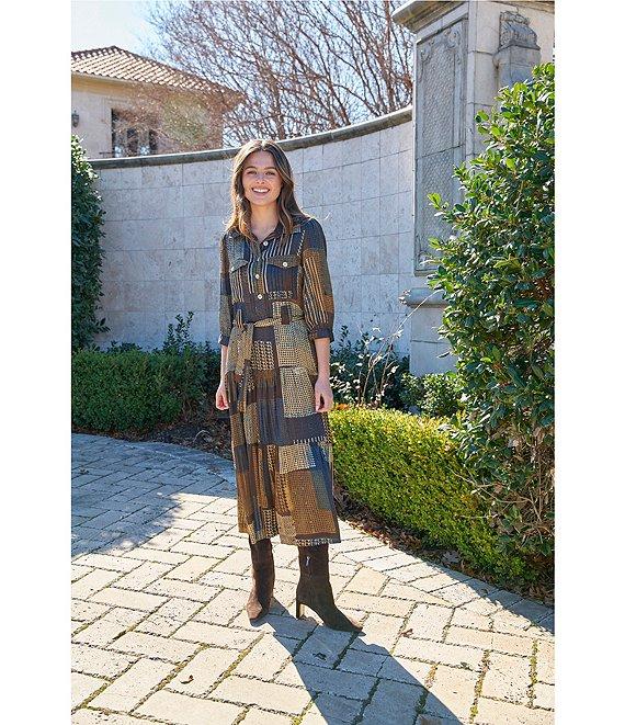 APNY Woven Printed Spread Collar 3/4 Sleeves Tiered Shirt Midi Dress Product Image