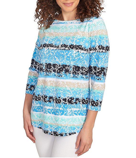 Ruby Rd. Soft Jersey Knit Mixed Floral Watercolor Stripe Boat Neck 3/4 Sleeve Top Product Image