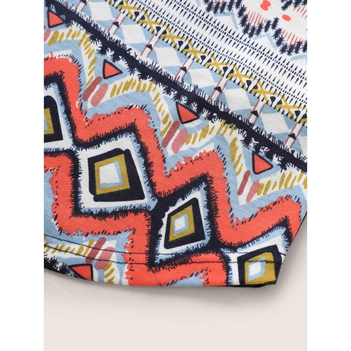 Plus Size Round Neck Bandana Print Patchwork T-shirt Indigo Women Resort Contrast Art&design Round Neck Vacation T-shirts BloomChic 12/L Product Image