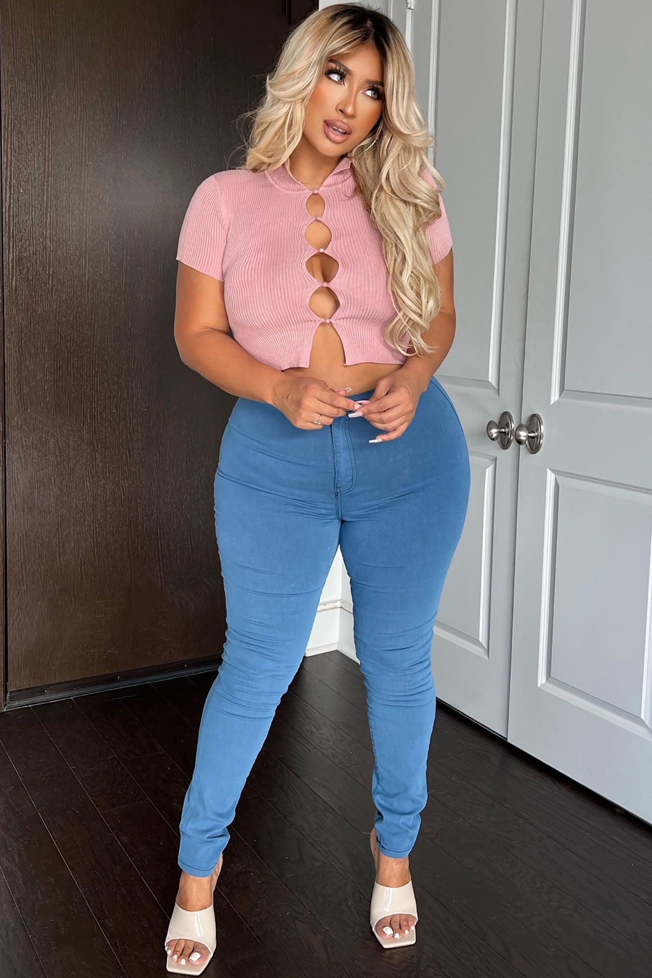 Super High Waist Denim Skinnies - Medium Blue Product Image