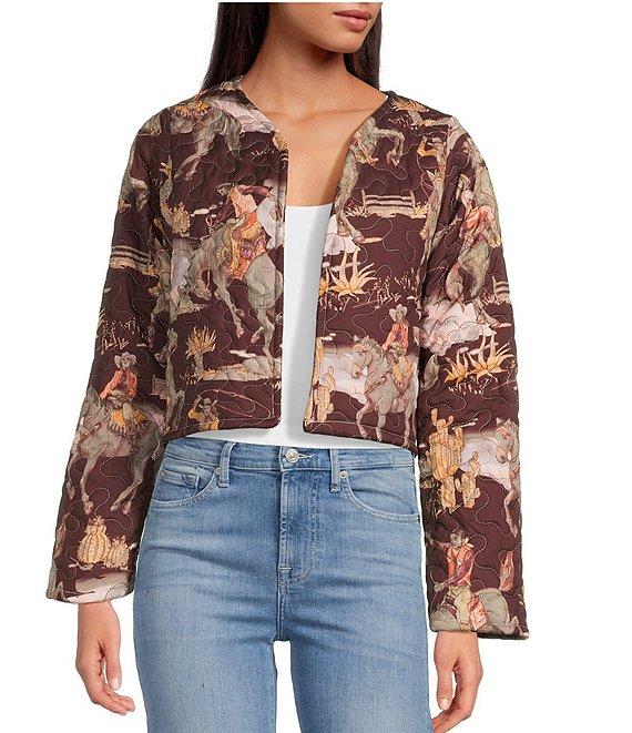 Ida Mae Home Western Print Cotton Blend Open Front Long Sleeve Cropped Jacket Product Image