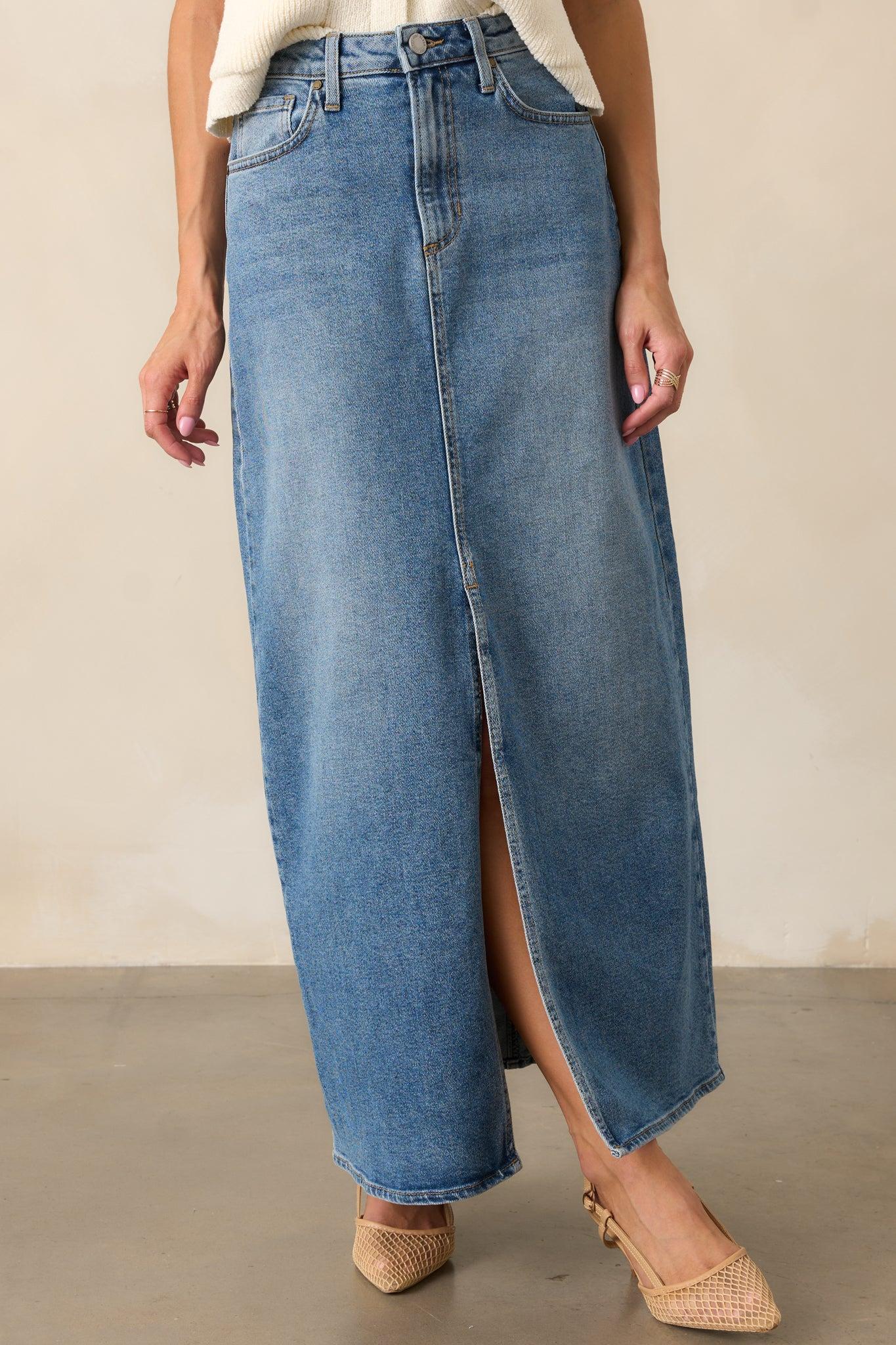 Days Of Dreaming Medium Wash Denim Midi Skirt Product Image