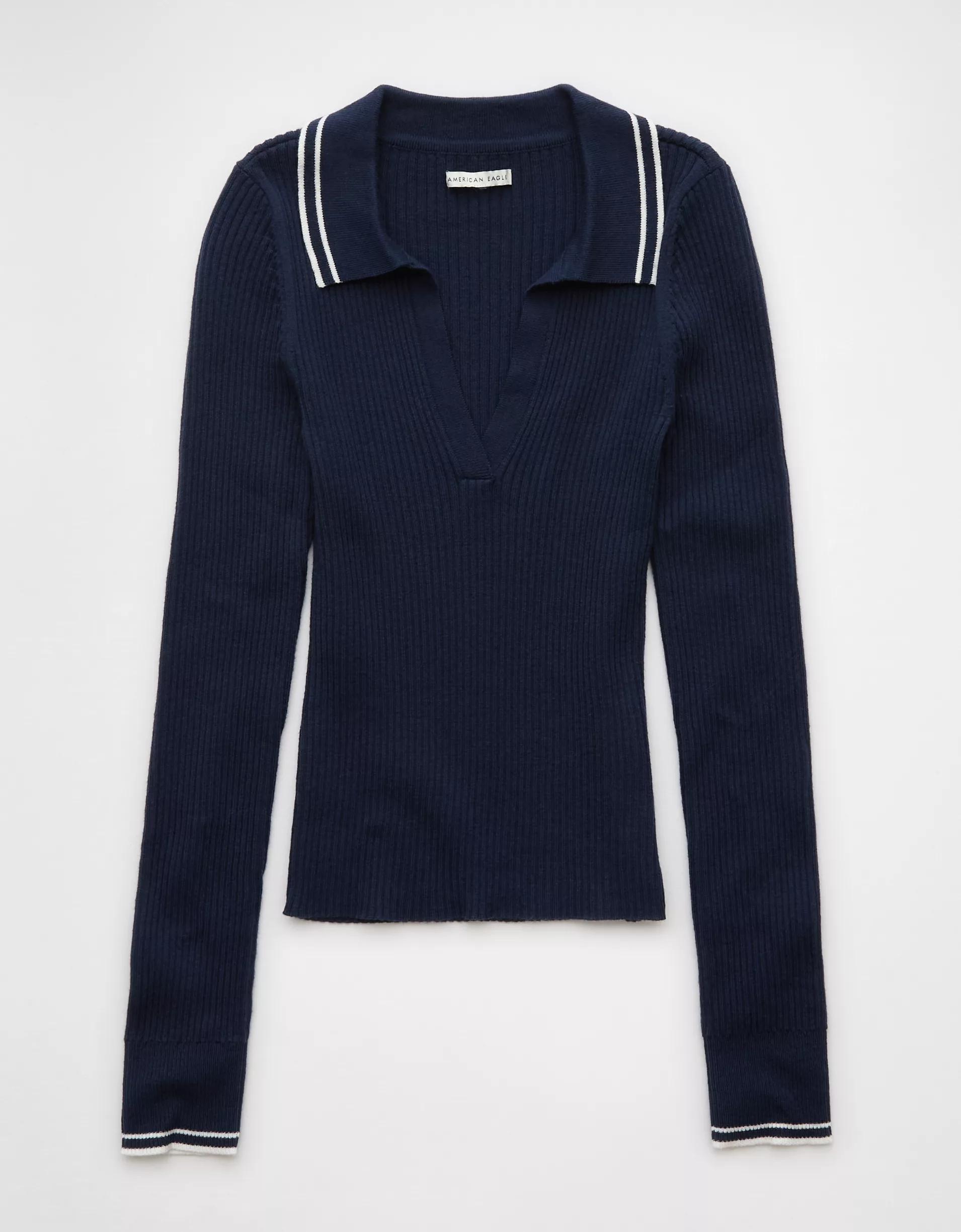 AE Long-Sleeve Collared Polo Sweater Product Image