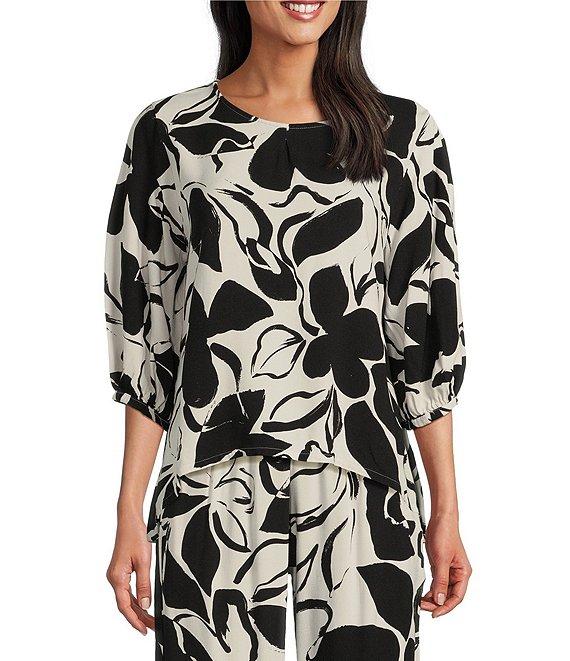 Bryn Walker Woven Lucinda Floral Petal Print Round Neck 3/4 Sleeve Hi-Low Hem Shirt Product Image