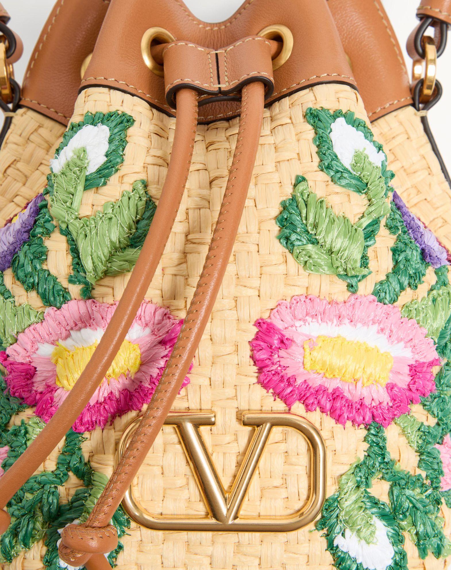Vlogo Signature Mini Bucket Bag In Raffia With Floral Embroidery Product Image