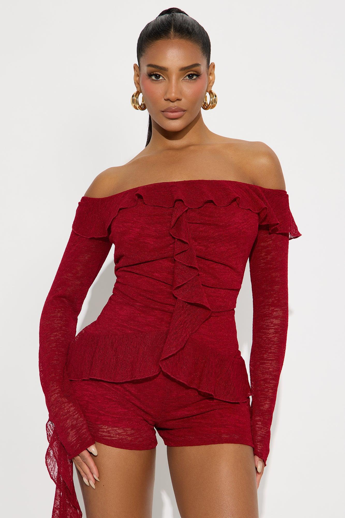 Wait For It Ruffle Long Sleeve Romper - Red Female Product Image