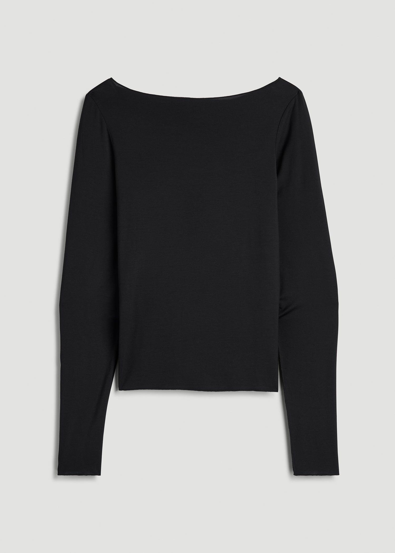 Boatneck Long Sleeve Exposed Seam Top for Tall Women in Black Female Product Image