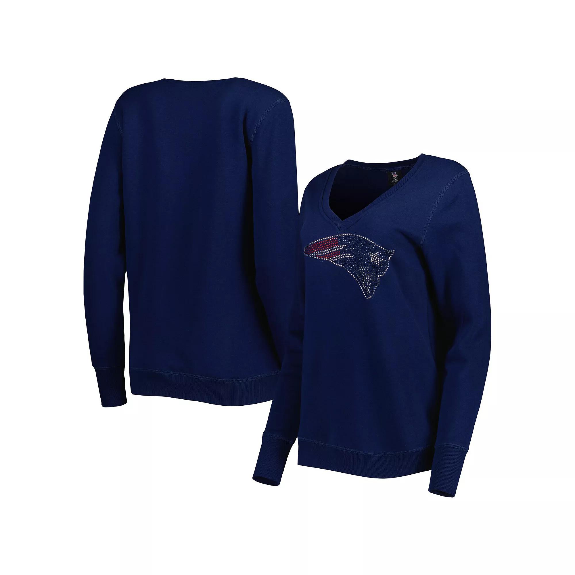 Women's Cuce Navy New England Patriots Deep V-Neck Pullover Sweatshirt, Size: XL, Blue Product Image