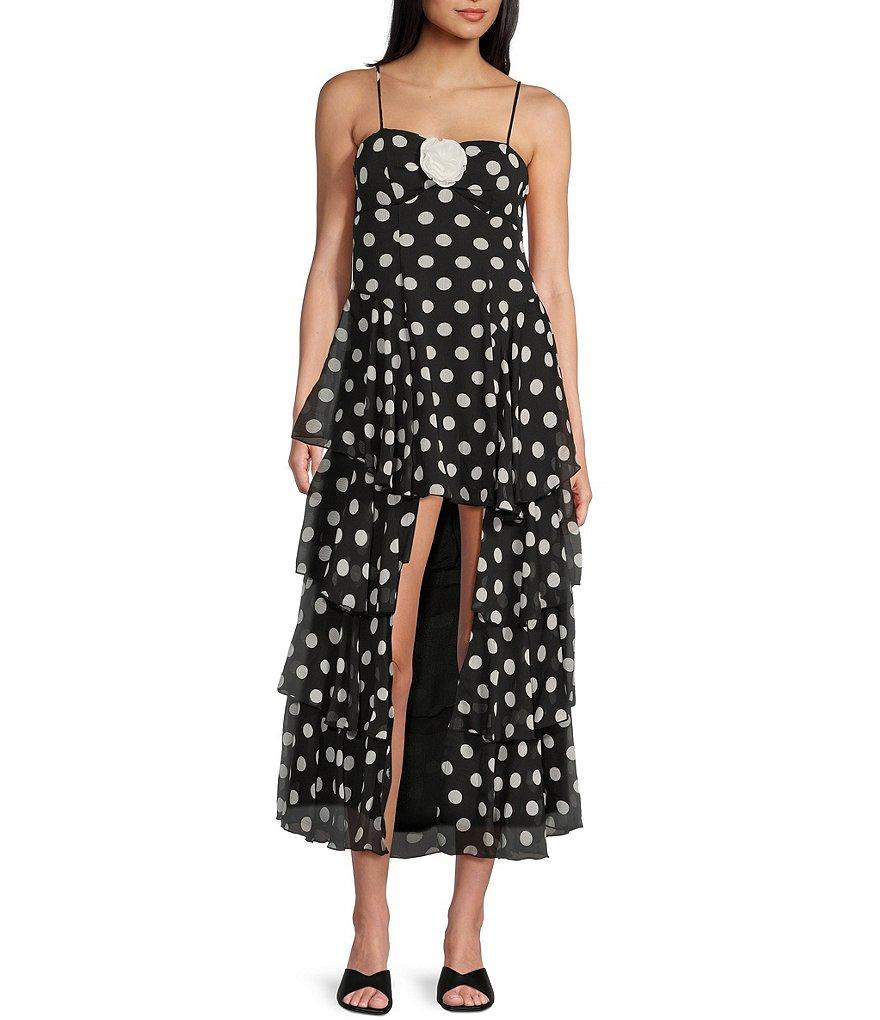 City Vibe Polka Dot Bandeau Bodice Spaghetti Strap Rosette Front High-Low Ruffled Tiered Dress Product Image