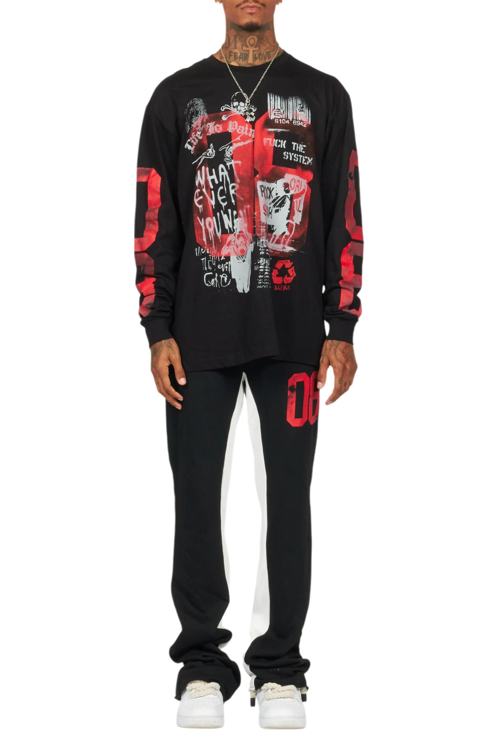 Grill Black/Red Long Sleeve T-Shirt/Baggy Pant Set Male Product Image