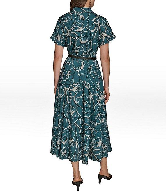 Donna Karan Point Collar Short Sleeve Belted Button Front Midi Shirt Dress Product Image